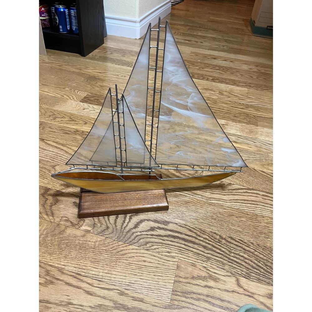 handcrafted stained glass sailboat sculpture with white sails and a wooden base - Picture 2 of 3